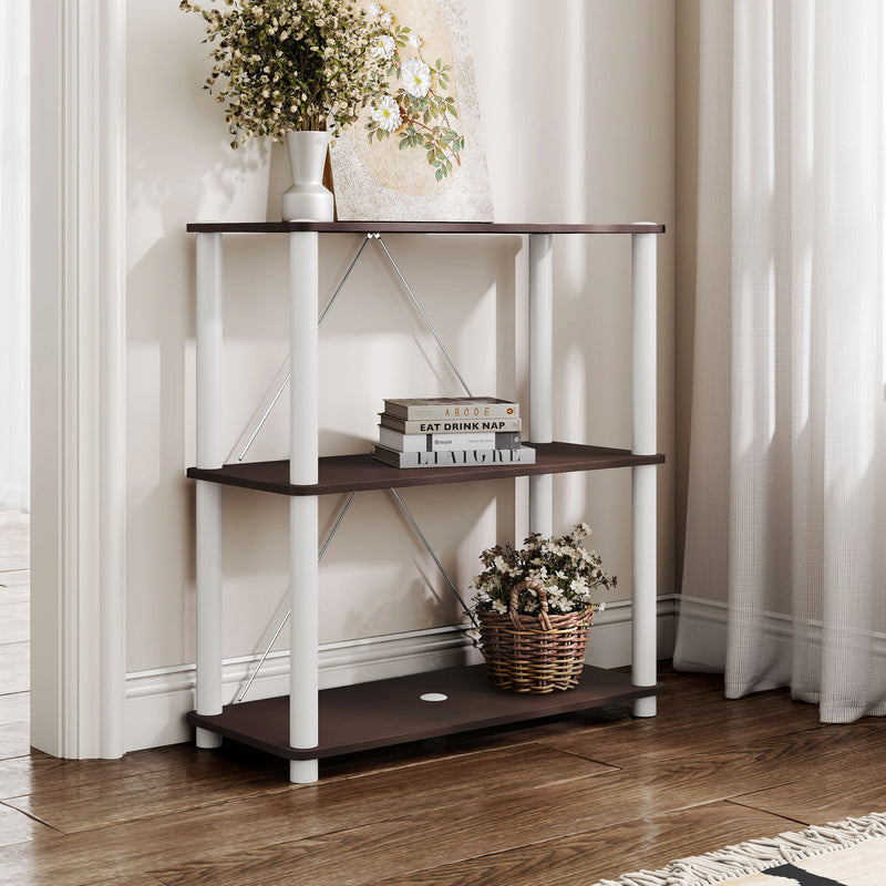 Right facing of a two-shelf modular shelving unit with support rods in a room with accessories