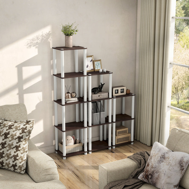 Right facing high-camera view of three shelf modular shelving units in a room with accessories