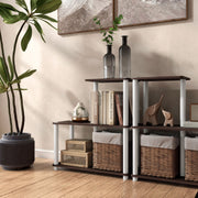 Left facing of two three-shelf modular shelving units with support rods in a room with accessories