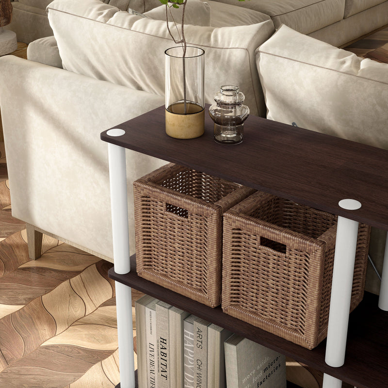 Left facing of the corner of a four-shelf modular shelving unit with support rods in a room with accessories