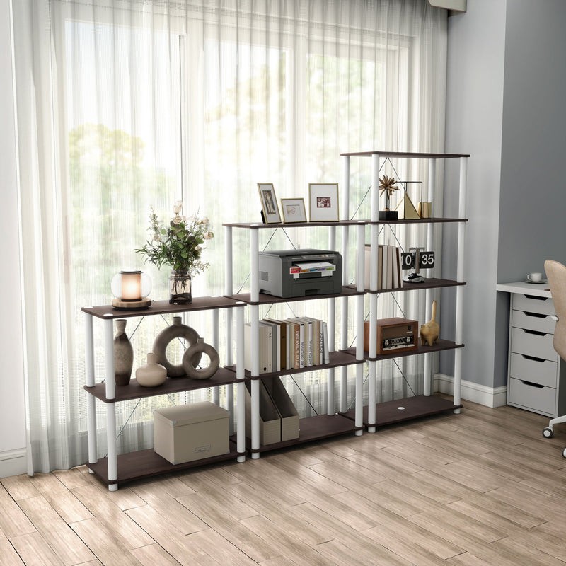 Right facing of three various wide-shelf modular shelving unit with support rods in a room with accessories