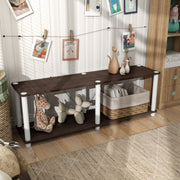 Right facing high-camera view of a two-shelf modular shelving unit with support rods in a room with accessories