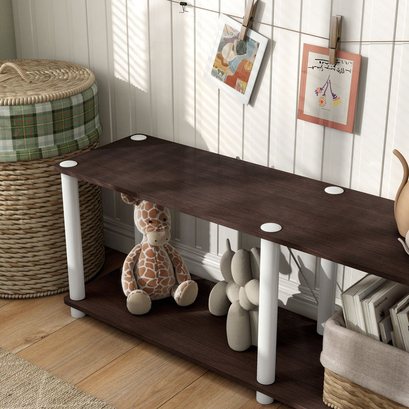 Left facing of the corner of a two-shelf modular shelving unit with support rods in a room with accessories