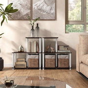 Front facing of two three-shelf modular shelving units with support rods in a room with accessories