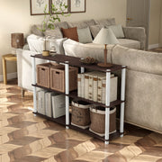 Left facing high-camera view of a four-shelf modular shelving unit with support rods in a room with accessories