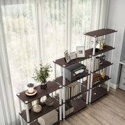 Right facing high-camera view of three various wide-shelf modular shelving unit with support rods in a room with accessories