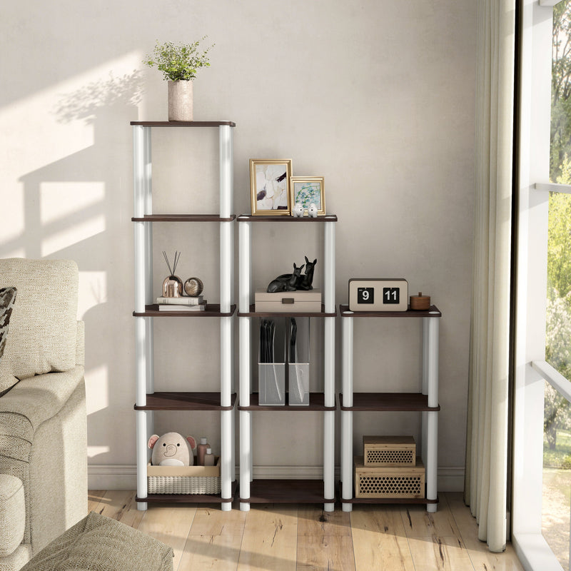 Front facing of three shelf modular shelving units in a room with accessories