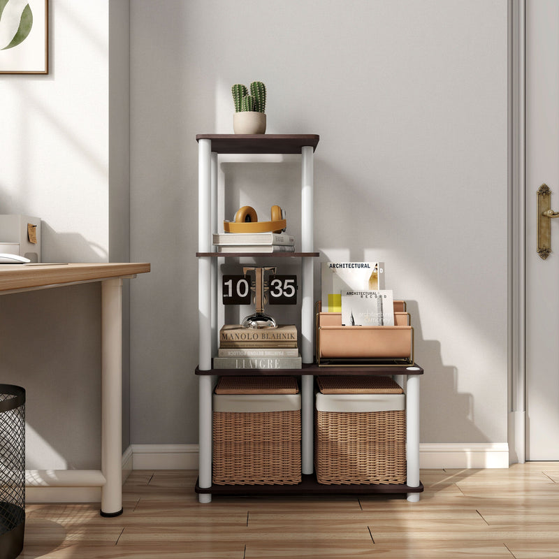 Front facing of a four-shelf modular shelving unit with support rods in a room with accessories