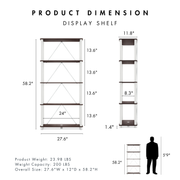 Dimensional image rendering of a four-shelf modular shelving unit with support rods that includes two views and dimensions