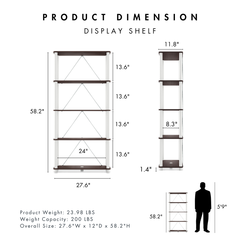 Dimensional image rendering of a four-shelf modular shelving unit with support rods that includes two views and dimensions