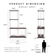 Dimensional image rendering of a four-shelf modular shelving unit with support rods that includes two views and dimensions
