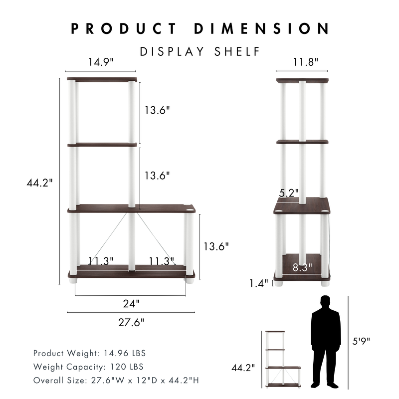 Dimensional image rendering of a four-shelf modular shelving unit with support rods that includes two views and dimensions