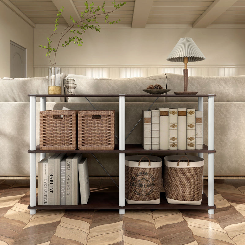 Front facing of a four-shelf modular shelving unit with support rods in a room with accessories