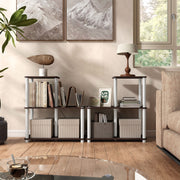 Front facing of two three-shelf modular shelving units with support rods in a room with accessories