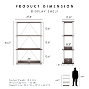 Dimensional image rendering of a three-shelf modular shelving unit with support rods that includes two views and dimensions