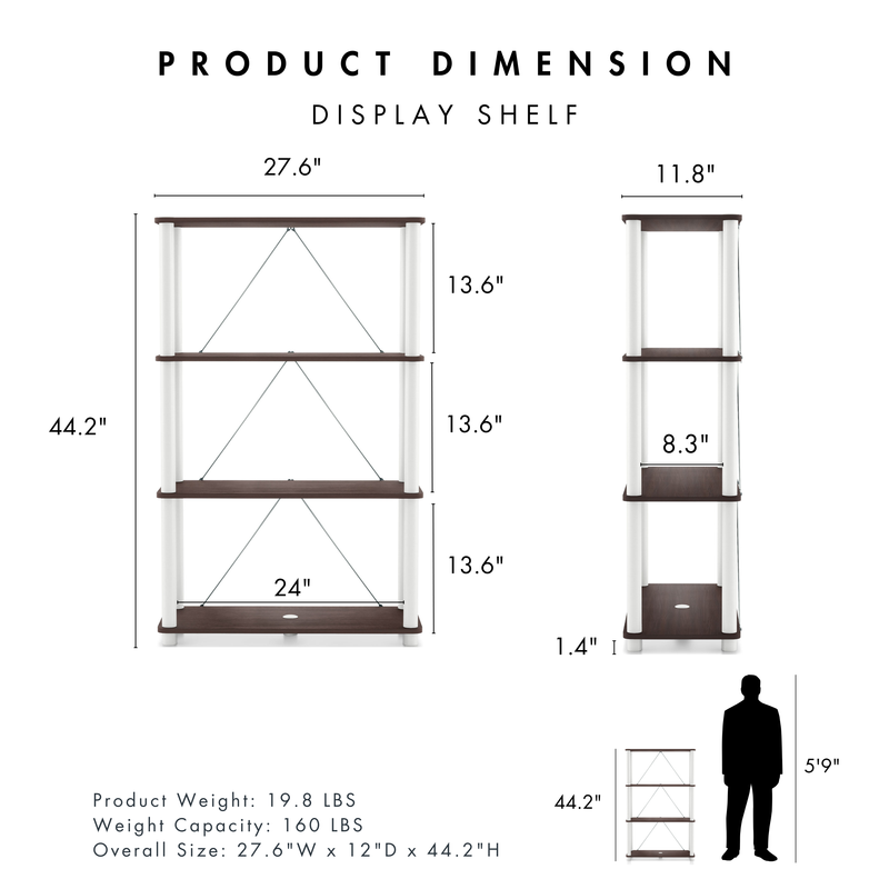 Dimensional image rendering of a three-shelf modular shelving unit with support rods that includes two views and dimensions