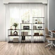 Front facing of three various wide-shelf modular shelving units with support rods in a room with accessories