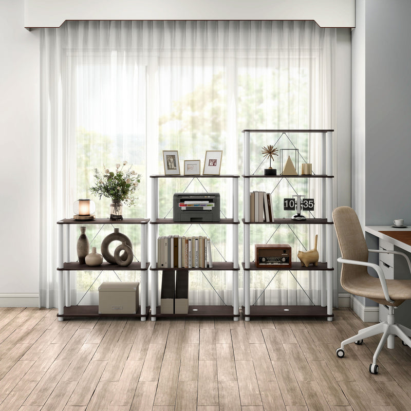 Front facing of three various wide-shelf modular shelving units with support rods in a room with accessories