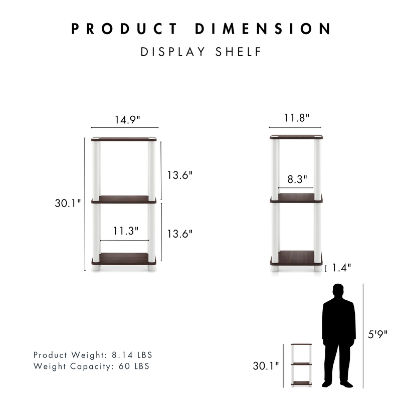 Dimensional image rendering of a two-shelf modular shelving unit that includes two views and dimensions