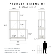 Dimensional image rendering of a five-shelf modular shelving unit with support rods that includes two views and dimensions