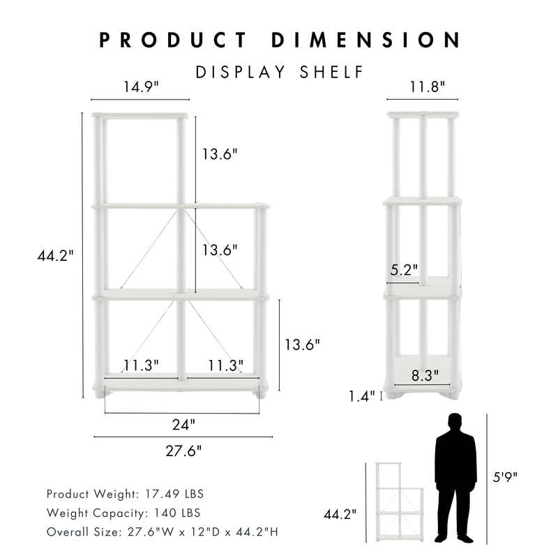 Dimensional image rendering of a five-shelf modular shelving unit with support rods that includes two views and dimensions