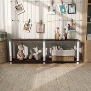 Front facing of a two-shelf modular shelving unit with support rods in a room with accessories