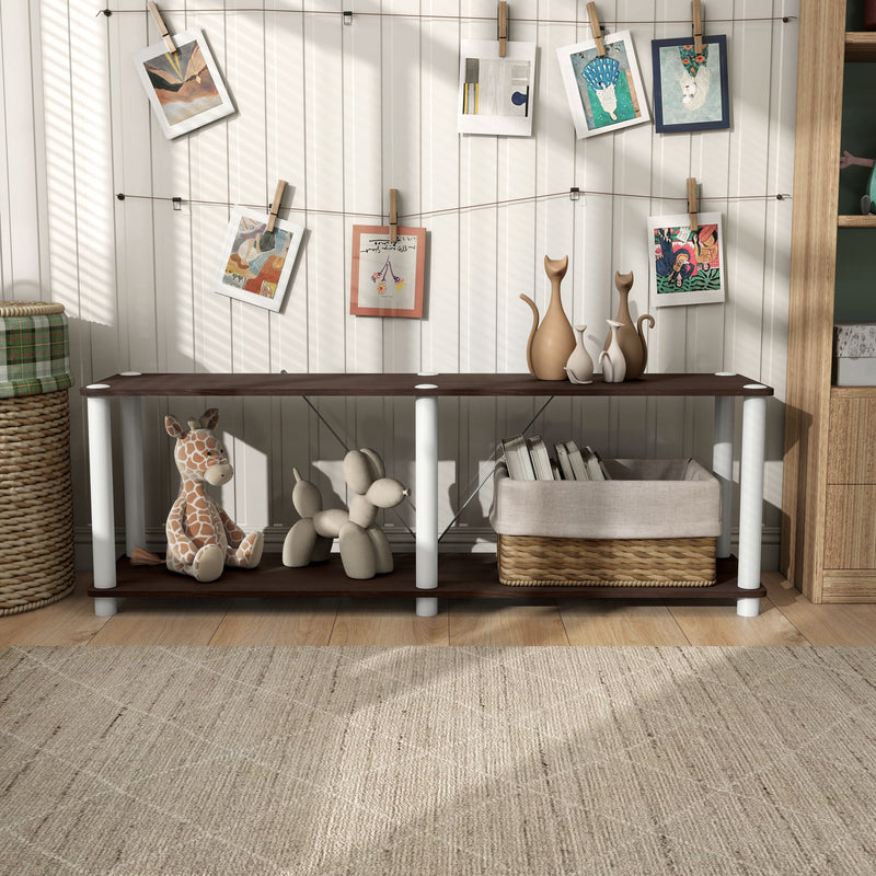 Front facing of a two-shelf modular shelving unit with support rods in a room with accessories