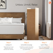 A compressed mattress package with instructions on how to unbox and prepare it.