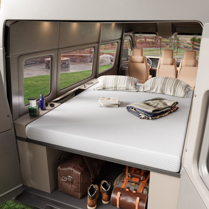 A camper van with the 6-inch mattress inside, showing its use for camping.