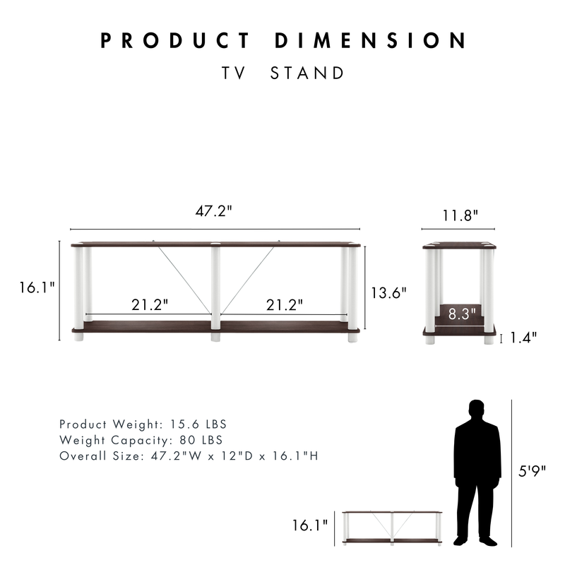 Dimensional image rendering of a two-shelf modular shelving unit with support rods that includes two views and dimensions