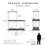 Dimensional image rendering of a three-shelf modular shelving unit with support rods that includes two views and dimensions