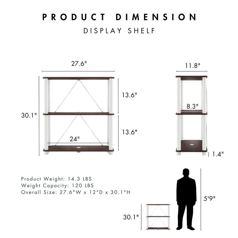 Dimensional image rendering of a two-shelf modular shelving unit with support rods that includes two views and dimensions