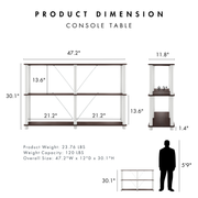 Dimensional image rendering of a four-shelf modular shelving unit with support rods that includes two views and dimensions