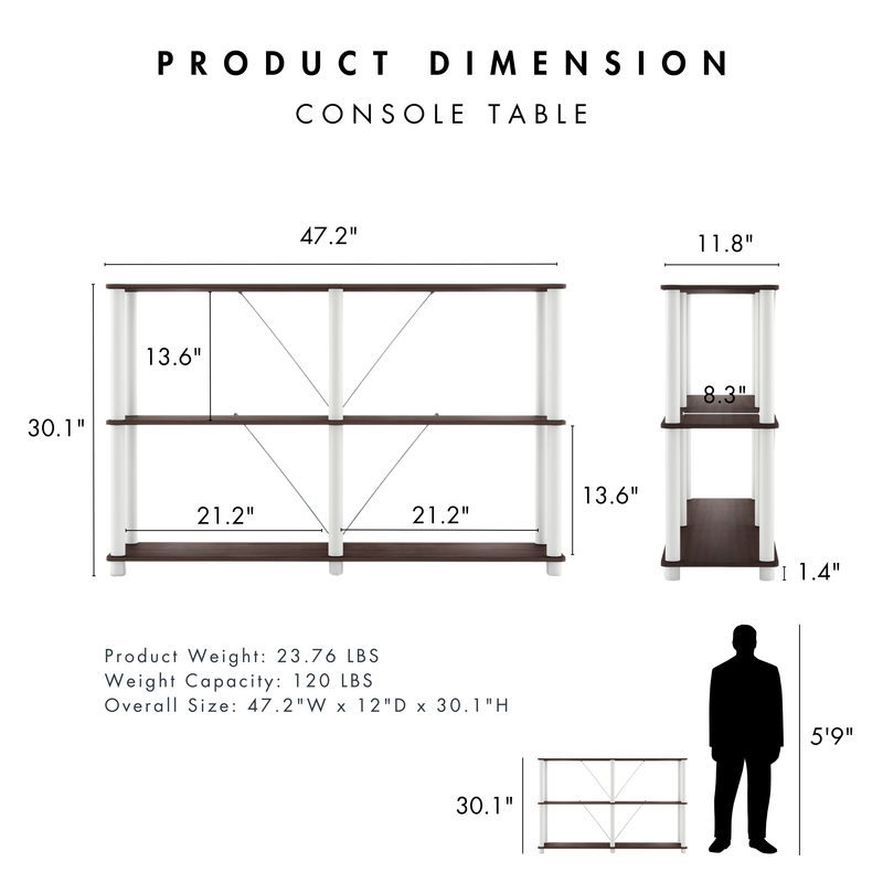 Dimensional image rendering of a four-shelf modular shelving unit with support rods that includes two views and dimensions