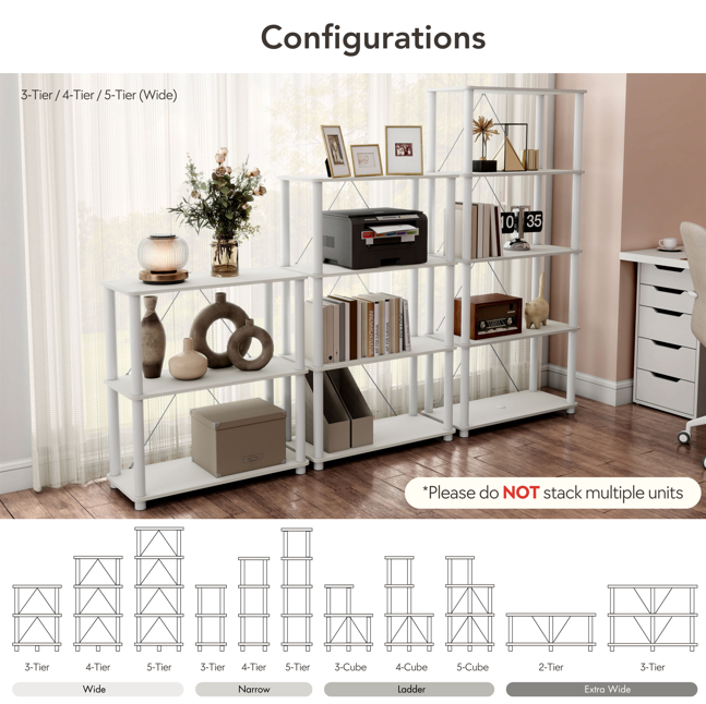 Eleven-panel composite image of a modular shelving units in various larger modular configurations