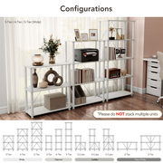 Eleven-panel composite image of a modular shelving units in various larger modular configurations