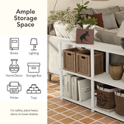 Informational image showcasing modular shelving unit with support rods with generous storage capacity