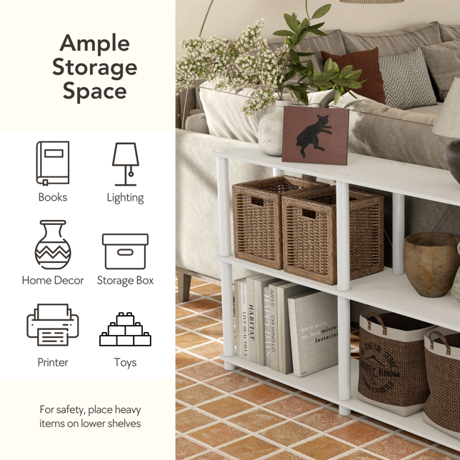 Informational image showcasing modular shelving unit with support rods with generous storage capacity