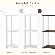 Informational image showcasing modular shelving unit with various color option