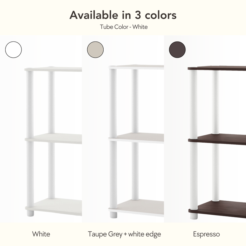 Informational image showcasing modular shelving unit with various color option