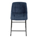 Front facing single view of a set of two contemporary blue chenille counter height stools with black bases on a white background
