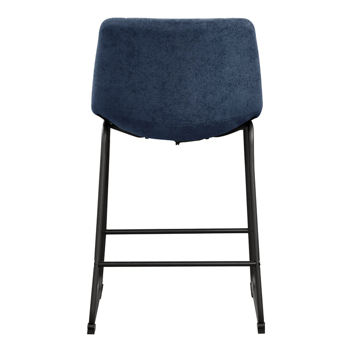 Front facing single back view of a set of two contemporary blue chenille counter height stools with black bases on a white background