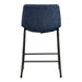 Front facing single back view of a set of two contemporary blue chenille counter height stools with black bases on a white background