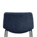Front facing close up single view of a set of two contemporary blue chenille counter height stools with black bases in a room with accessories