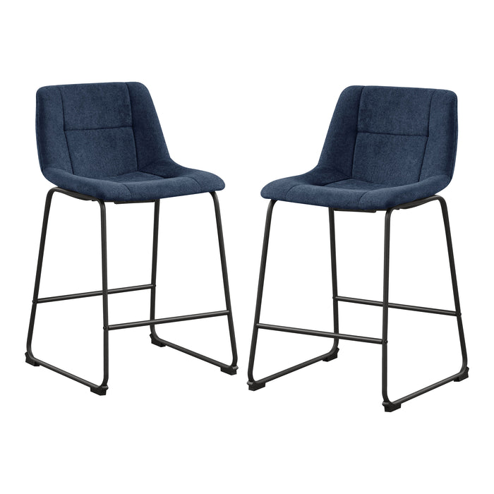 Angled set of two contemporary blue chenille counter height stools with black bases on a white background