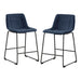 Angled set of two contemporary blue chenille counter height stools with black bases on a white background