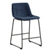 Right facing single view of a set of two contemporary blue chenille counter height stools with black bases on a white background