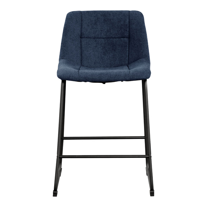 Front facing single view of a set of two contemporary blue chenille counter height stools with black bases on a white background