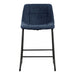 Front facing single view of a set of two contemporary blue chenille counter height stools with black bases on a white background