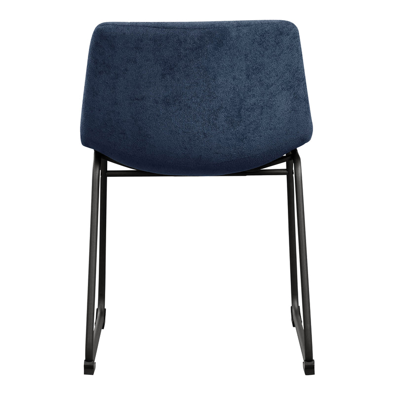 Front facing single back view of a set of two contemporary blue chenille dining side chairs with black bases on a white background